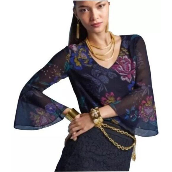 CAbi 3506 Olivia Blouse Top Women's Size XS Blue Floral - Picture 1 of 9